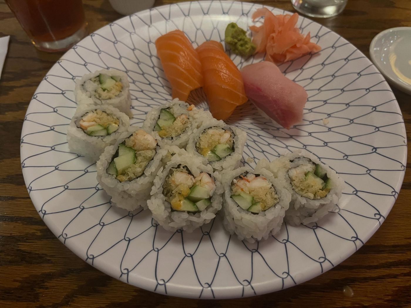 Spicy crunchy shrimp roll with salmon and yellowtail nigiri at Sushi Avenue